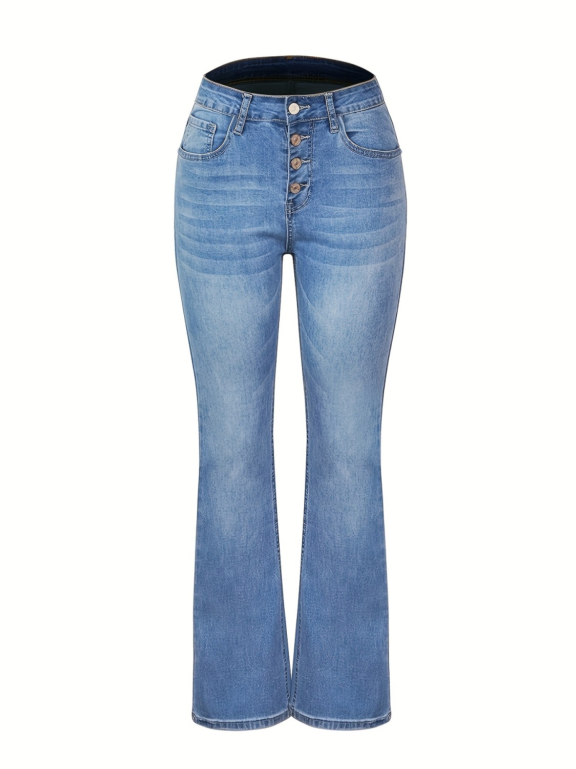 Embossed Crotch Button Bell Bottom Jeans, Stretchy Slim Fitting Slash ...