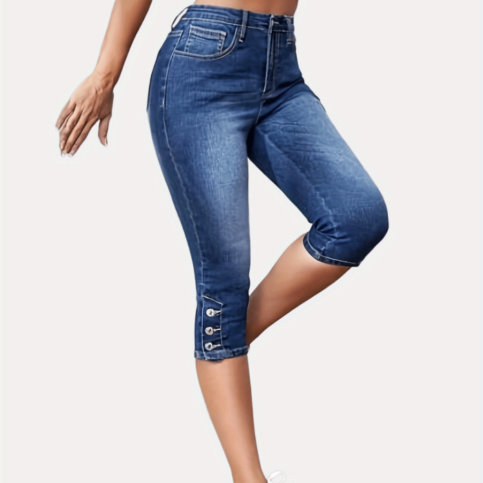 Blue Slim Fit Capris Skinny Jeans, Slight-Stretch Slash Pockets Versatile High Waist Denim Pants, Women's Denim Jeans & Clothing