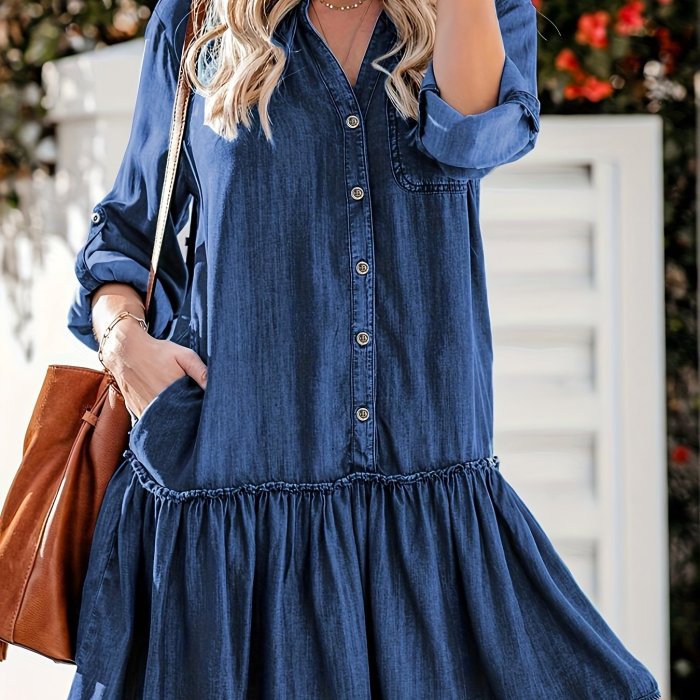 Blue Long Sleeves Denim Dress, Loose Fit Single-Breasted Button Fashion Denim Dress, Women's Denim Clothing