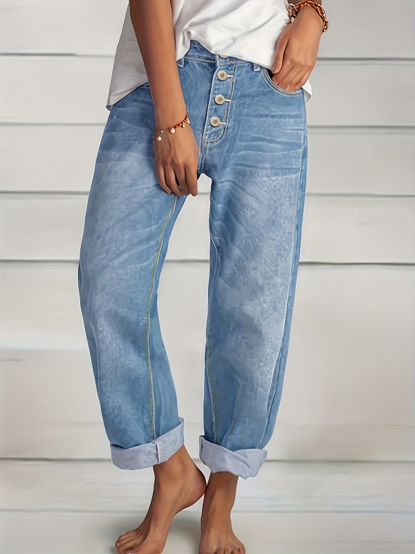 Blue Loose Fit Straight Jeans, Slash Pockets Single-Breasted Button Versatile Denim Pants, Women's Denim Jeans & Clothing