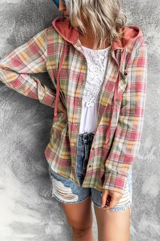 Plaid Print Hooded Shirt, Casual Long Sleeve Drawstring Shirt, Women's Clothing