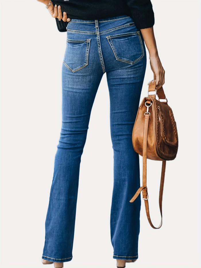 Embossed Crotch Button Bell Bottom Jeans, Stretchy Slim Fitting Slash Pockets Bootcut Pants, Women's Denim & Clothing