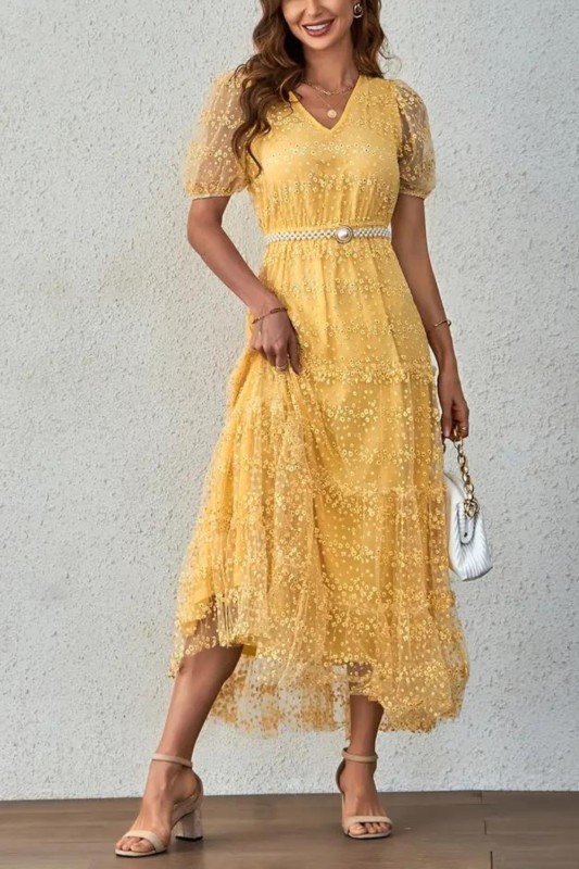 Lace Bright Yellow V Neck Elegant Dresses, Ruffle Hem Short Sleeve Maxi Dresses, Women's Clothing