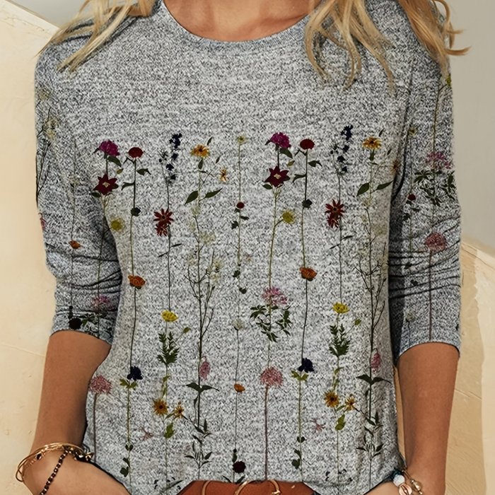 Floral Print Crew Neck T-Shirt, Casual Long Sleeve T-Shirt For Spring & Fall, Women's Clothing