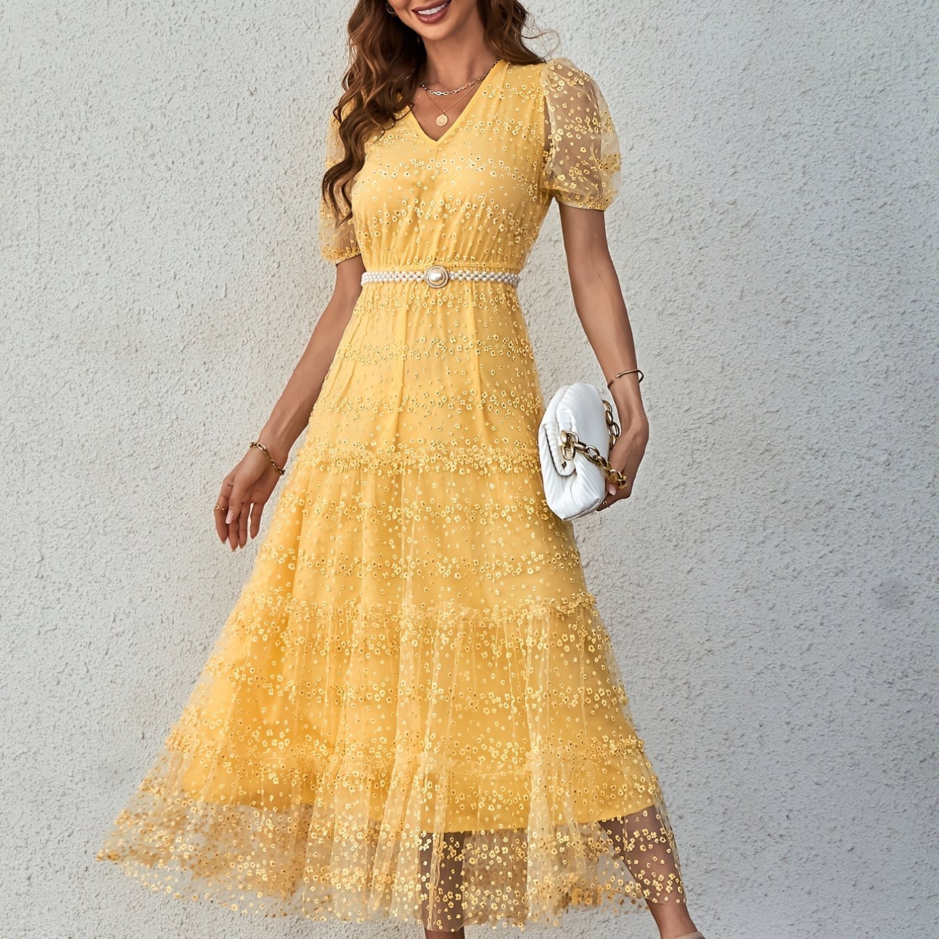 Lace Bright Yellow V Neck Elegant Dresses, Ruffle Hem Short Sleeve Maxi ...