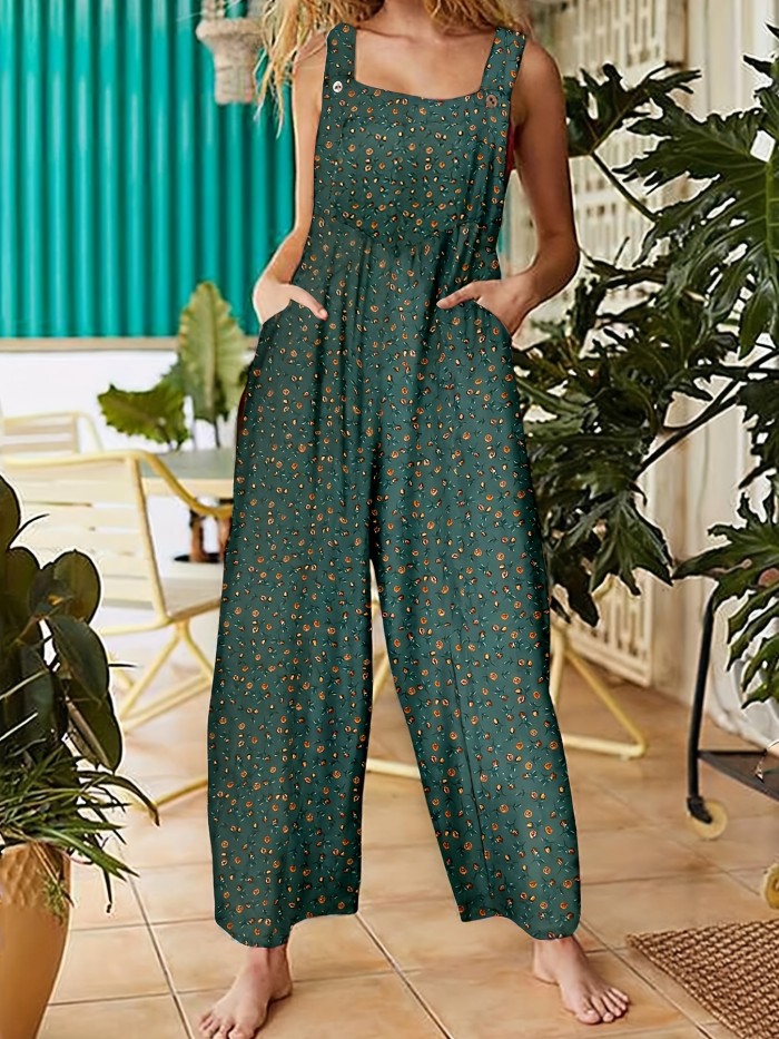 Floral Print Dual Pockets Overall Jumpsuit, Casual Button Front Overall Jumpsuit, Women's Clothing