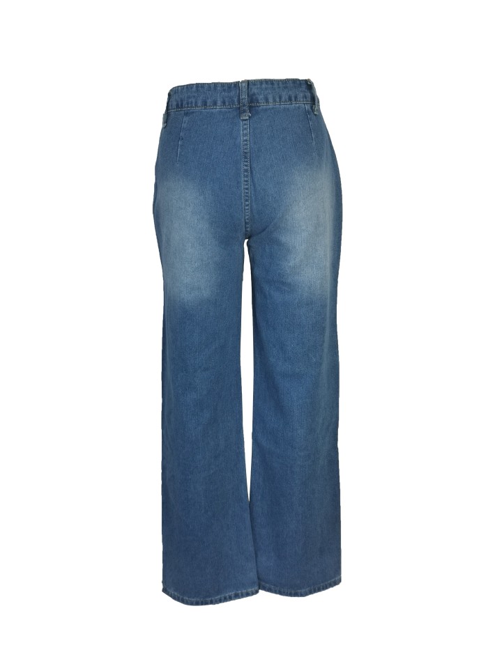 Blue Loose Fit Straight Jeans, High Waist Pleated Slant Pockets Casual Denim Pants, Women's Denim Jeans & Clothing