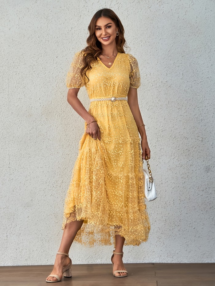 Lace Bright Yellow V Neck Elegant Dresses, Ruffle Hem Short Sleeve Maxi Dresses, Women's Clothing