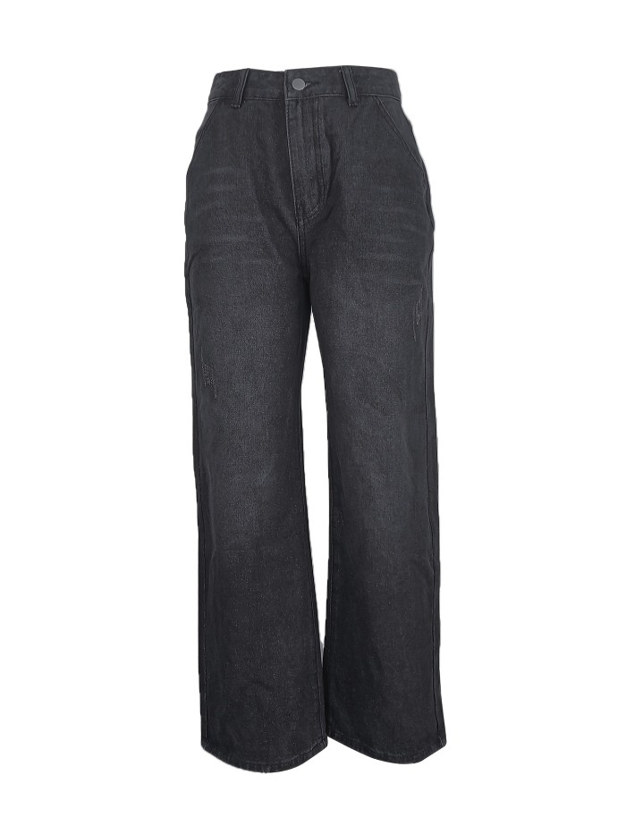 Solid Loose Fit Straight Jeans, Non-Stretch Slash Pockets Baggy Denim Pants, Women's Denim Jeans & Clothing