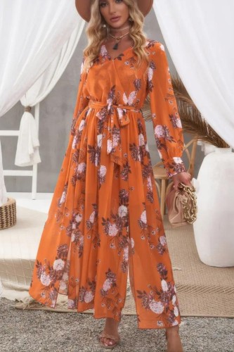 Women's Dresses Floral Print Lace Up Frill Bohemian Pleated V Neck With Split Hem Dresses