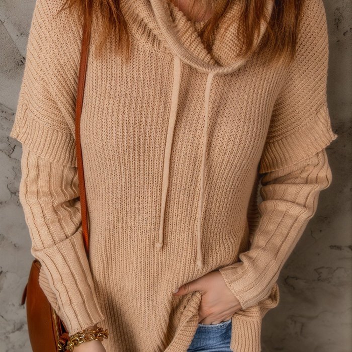 Women's Sweaters Teddy Head Cover Up Neck Drawstring Contrast Sleeve Sweater