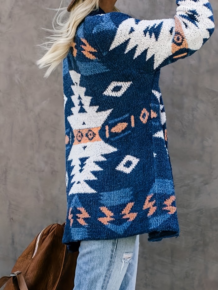 Geometric Pattern Open Front Cardigan, Casual Long Sleeve Pocket Sweater, Women's Clothing