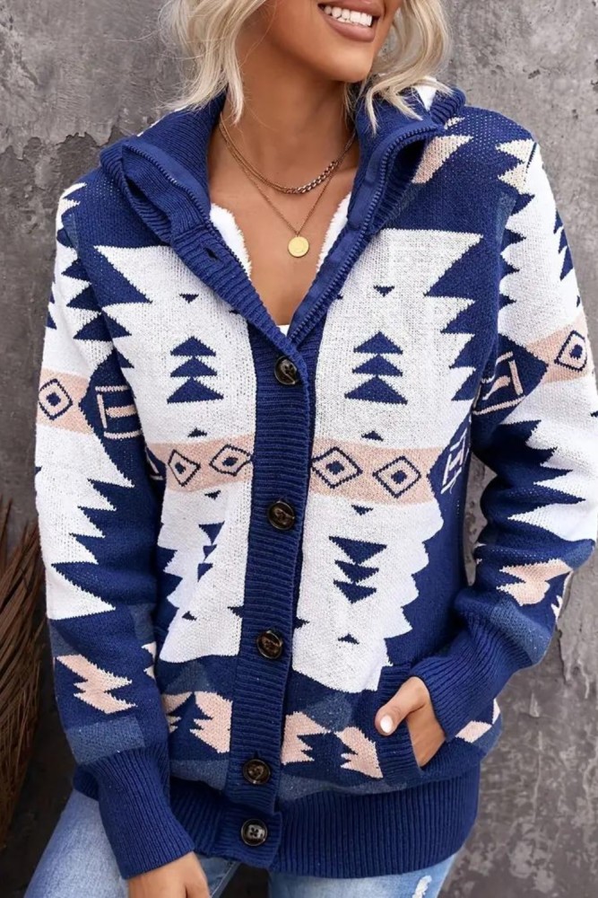 Geo Pattern Button Up Fleece Cardigan, Casual Long Sleeve Warm Hooded Outerwear With Pocket, Women's Clothing