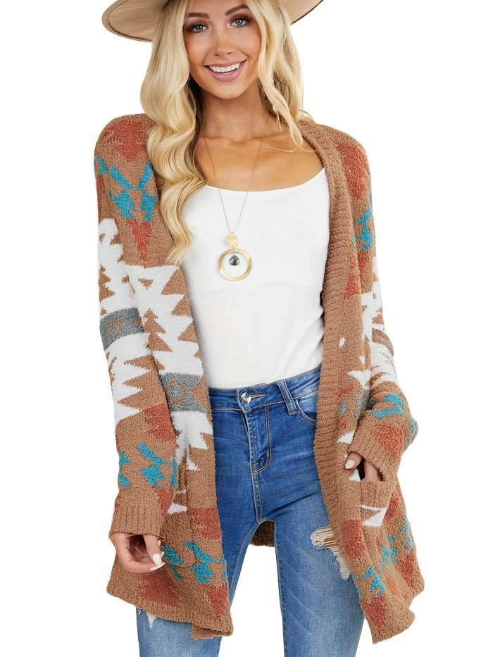 Aztec Pattern Knit Cardigan, Vintage Open Front Long Sleeve Sweater, Women's Clothing