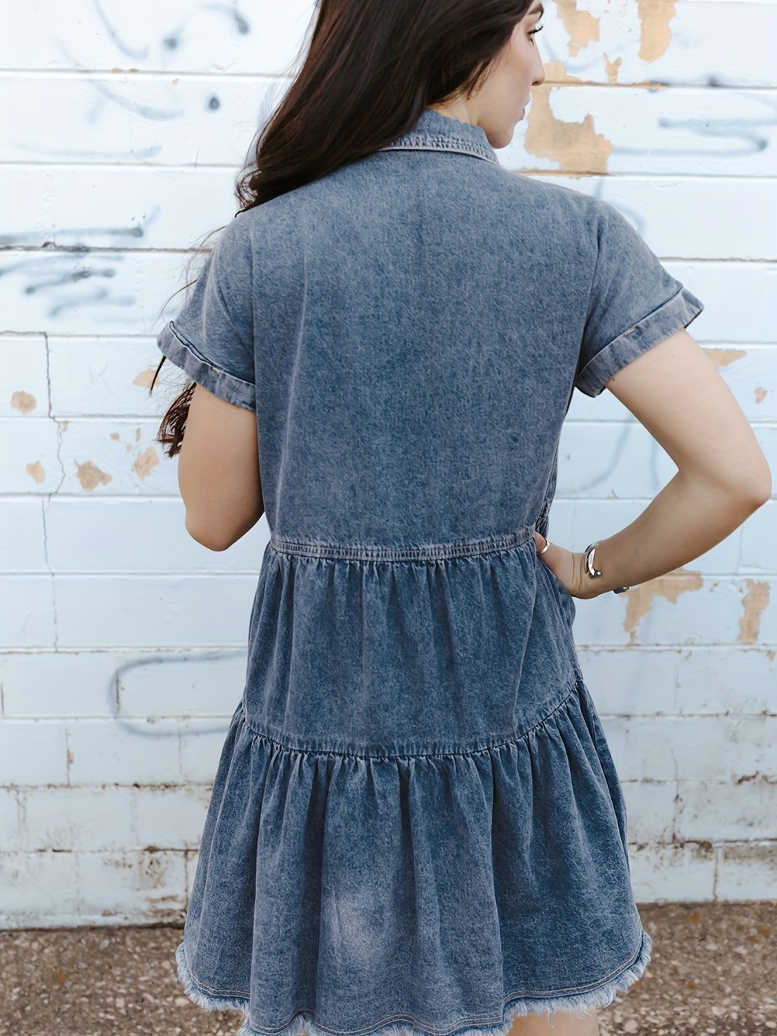 Women Black Washed Denim Flared Hem Short Dress main image 1