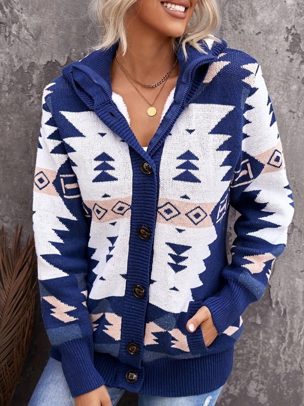 Geo Pattern Button Up Fleece Cardigan, Casual Long Sleeve Warm Hooded Outerwear With Pocket, Women's Clothing
