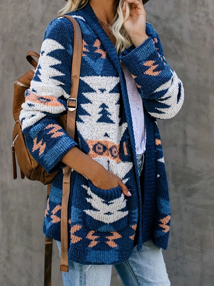 Geometric Pattern Open Front Cardigan, Casual Long Sleeve Pocket Sweater, Women's Clothing