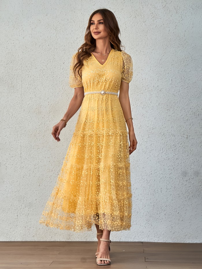 Lace Bright Yellow V Neck Elegant Dresses, Ruffle Hem Short Sleeve Maxi Dresses, Women's Clothing