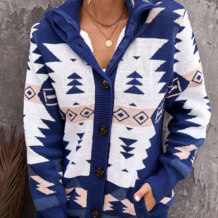 Geo Pattern Button Up Fleece Cardigan, Casual Long Sleeve Warm Hooded Outerwear With Pocket, Women's Clothing