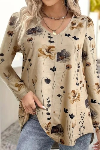 Floral Print V-neck T-Shirt, Casual Long Sleeve T-Shirt For Spring & Fall, Women's Clothing