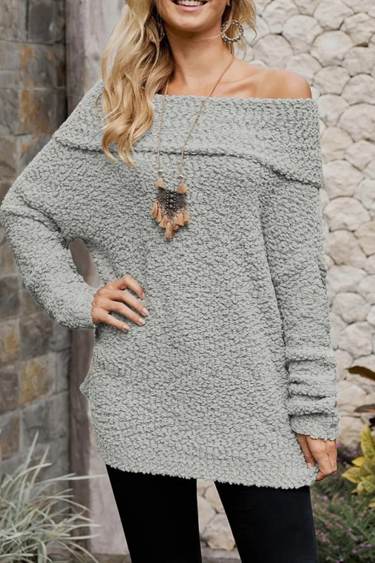 Off Shoulder Knitted Pullover Sweater, Casual Long Sleeve Fuzzy Sweater For Fall & Winter, Women's Clothing