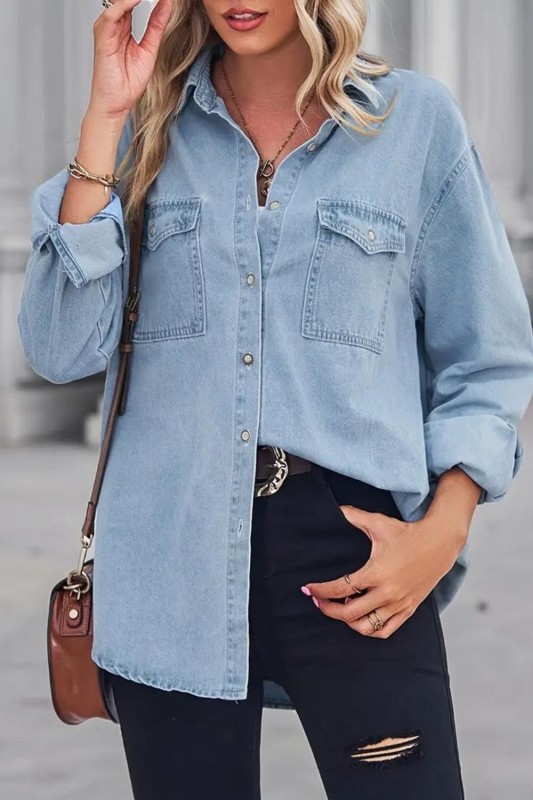 Oversized Flap Pockets Denim Jackets, Blue Long Sleeve Butt Cover Denim Coats, Women's Denim Jackets & Clothing