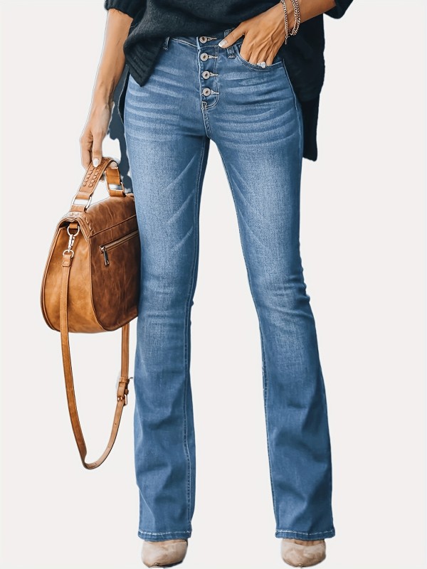 Embossed Crotch Button Bell Bottom Jeans, Stretchy Slim Fitting Slash Pockets Bootcut Pants, Women's Denim & Clothing