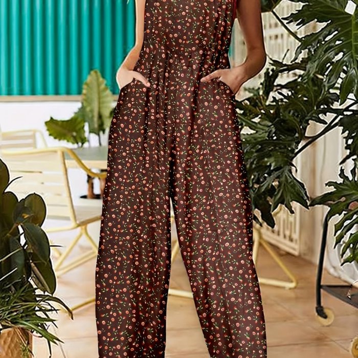 Floral Print Dual Pockets Overall Jumpsuit, Casual Button Front Overall Jumpsuit, Women's Clothing