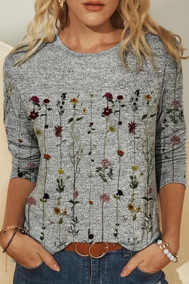 Floral Print Crew Neck T-Shirt, Casual Long Sleeve T-Shirt For Spring & Fall, Women's Clothing