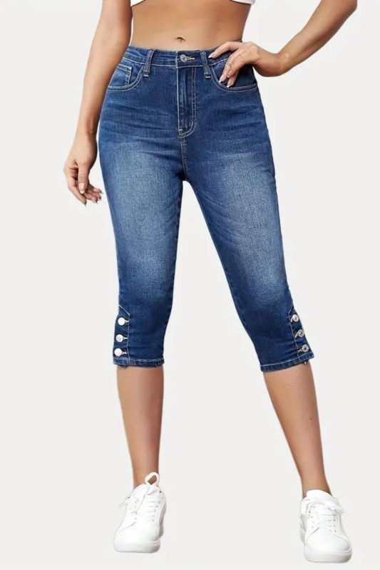 Blue Slim Fit Capris Skinny Jeans, Slight-Stretch Slash Pockets Versatile High Waist Denim Pants, Women's Denim Jeans & Clothing