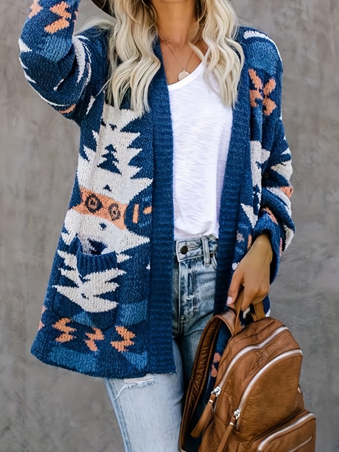Geometric Pattern Open Front Cardigan, Casual Long Sleeve Pocket Sweater, Women's Clothing