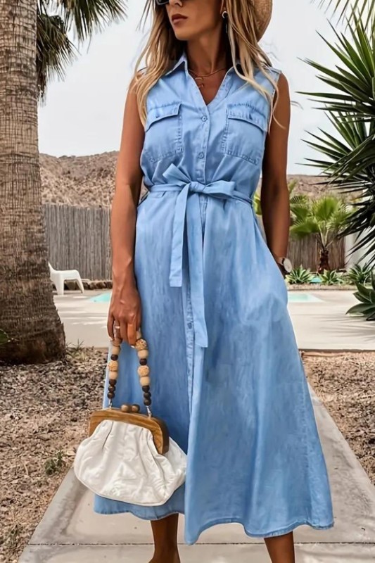 Blue Sleeveless Lapel Denim Dress, Single-Breasted Button Flap Pockets With Waistband Denim Dress, Women's Denim Clothing