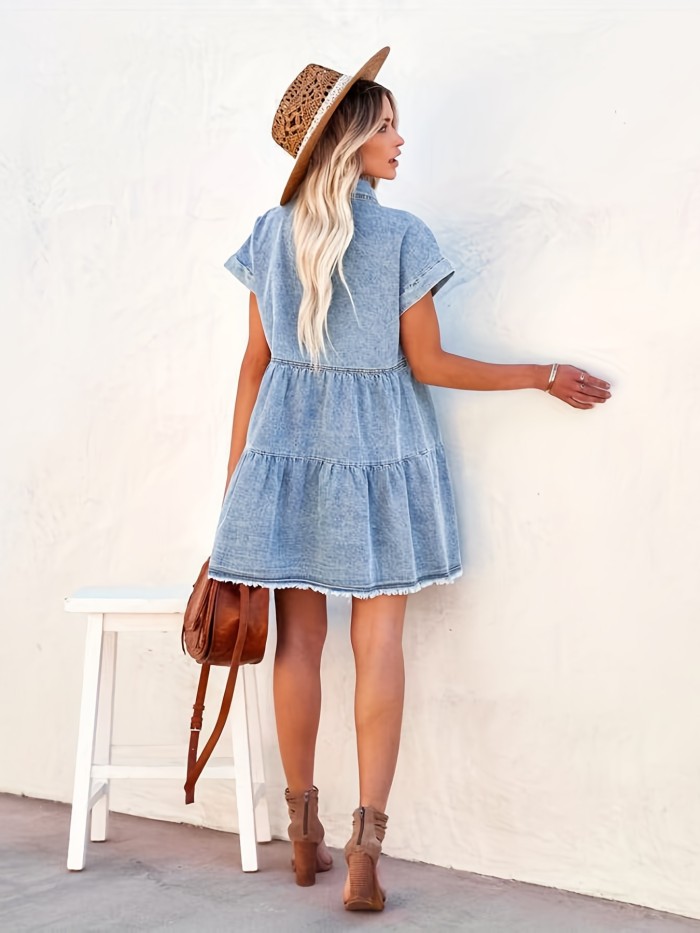 Blue Raw Hem Denim Dress, Loose Fit Short Sleeves Flap Pockets Lapel Denim Dress, Women's Denim Clothing