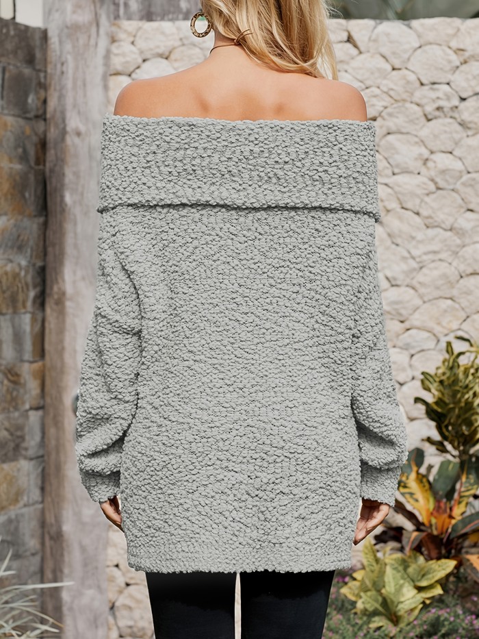 Off Shoulder Knitted Pullover Sweater, Casual Long Sleeve Fuzzy Sweater For Fall & Winter, Women's Clothing