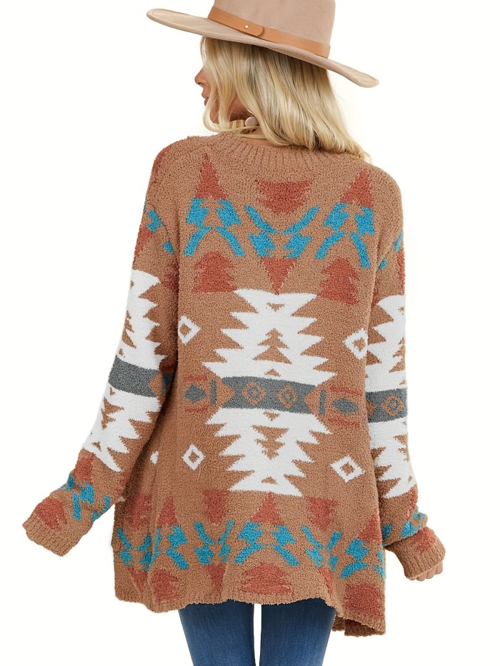 Aztec Pattern Knit Cardigan, Vintage Open Front Long Sleeve Sweater, Women's Clothing