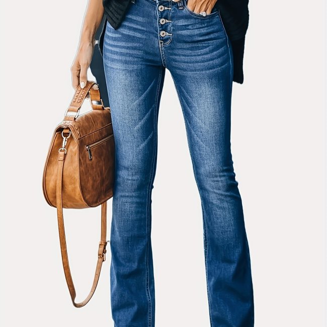 Embossed Crotch Button Bell Bottom Jeans, Stretchy Slim Fitting Slash ...