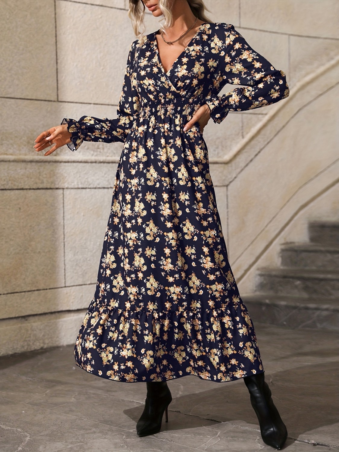 Elegant Floral Dresses for Women A-line Long Sleeve High Waist O-neck