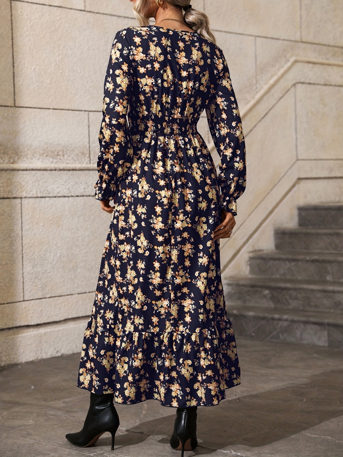 Floral Print Shirred Waist Dress, Elegant V Neck Long Sleeve Maxi Dress ...