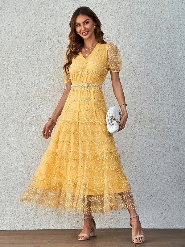 Lace Bright Yellow V Neck Elegant Dresses, Ruffle Hem Short Sleeve Maxi Dresses, Women's Clothing