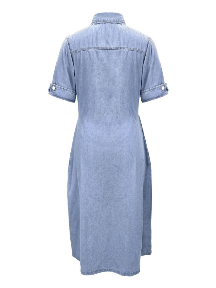 A-Line Flap Pockets Denim Dress, Rolled Sleeve Button Up V Neck Dress, Casual Lapel Denim Long Dress, Women's Denim Dress & Clothing