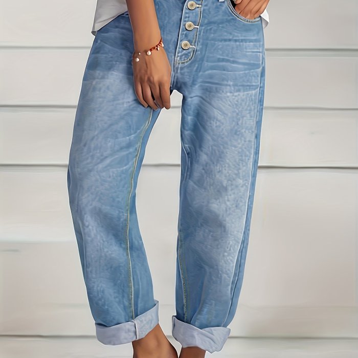 Blue Loose Fit Straight Jeans, Slash Pockets Single-Breasted Button ...