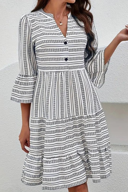 Tribal Stripe Print Dress, Casual V Neck Flared Sleeve Dress, Women's Clothing