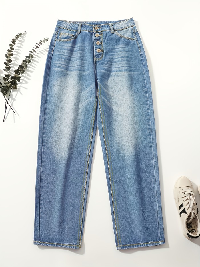 Blue Loose Fit Straight Jeans, Slash Pockets Single-Breasted Button ...