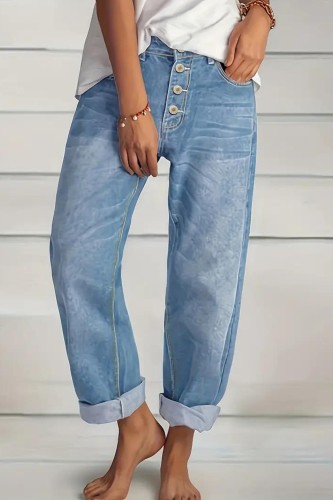 Blue Loose Fit Straight Jeans, Slash Pockets Single-Breasted Button Versatile Denim Pants, Women's Denim Jeans & Clothing