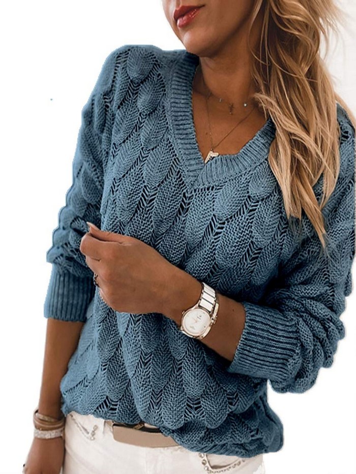 V-Neck Loose Knit Sweater, Casual Long Sleeve Fashion Fall Winter Knit Sweater, Women's Clothing
