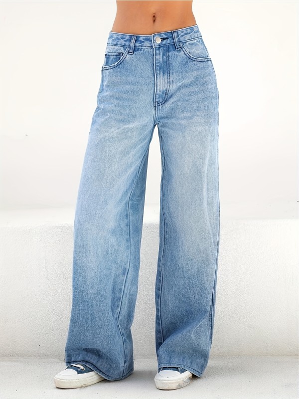 Blue Loose Fit Wide Leg Jeans, High Waist Slash Pockets High Rise Straight Jeans, Women's Denim Jeans & Clothing