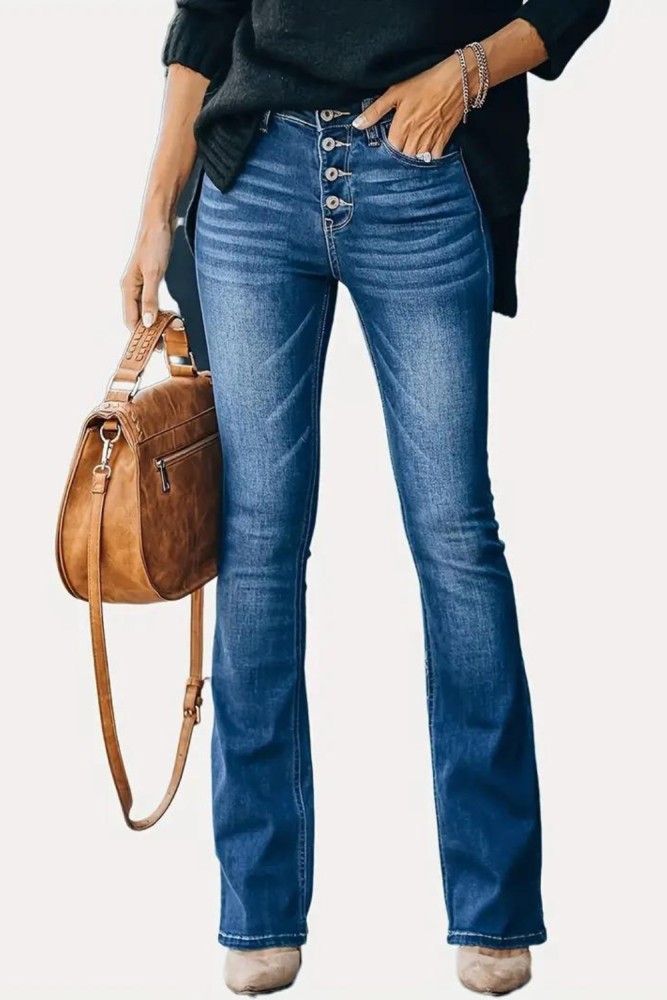 Embossed Crotch Button Bell Bottom Jeans, Stretchy Slim Fitting Slash Pockets Bootcut Pants, Women's Denim & Clothing