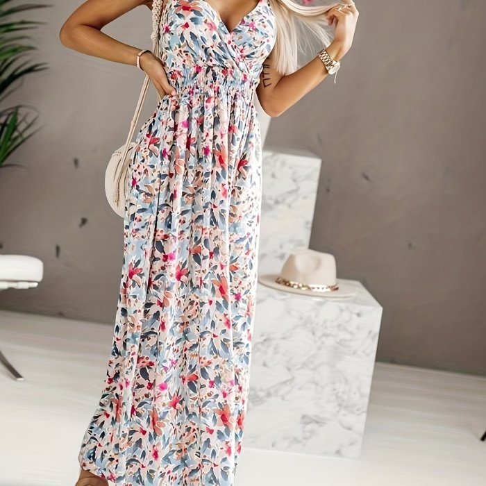 Floral Print Shirred Waist Cami Dress, Boho V-neck Backless Spaghetti Dress, Women's Clothing