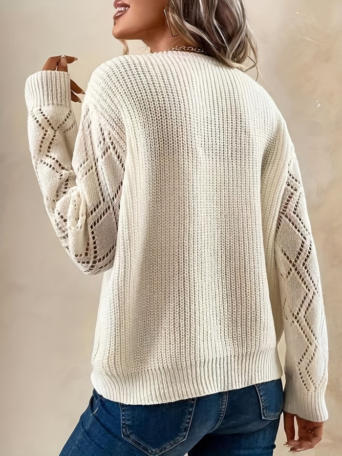 Solid V Neck Cut Out Drop Shoulder Sweater, Casual Long Sleeve Sweater For Spring & Winter, Women's Clothing