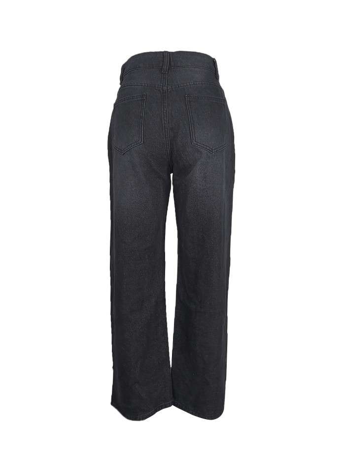 Solid Loose Fit Straight Jeans, Non-Stretch Slash Pockets Baggy Denim Pants, Women's Denim Jeans & Clothing
